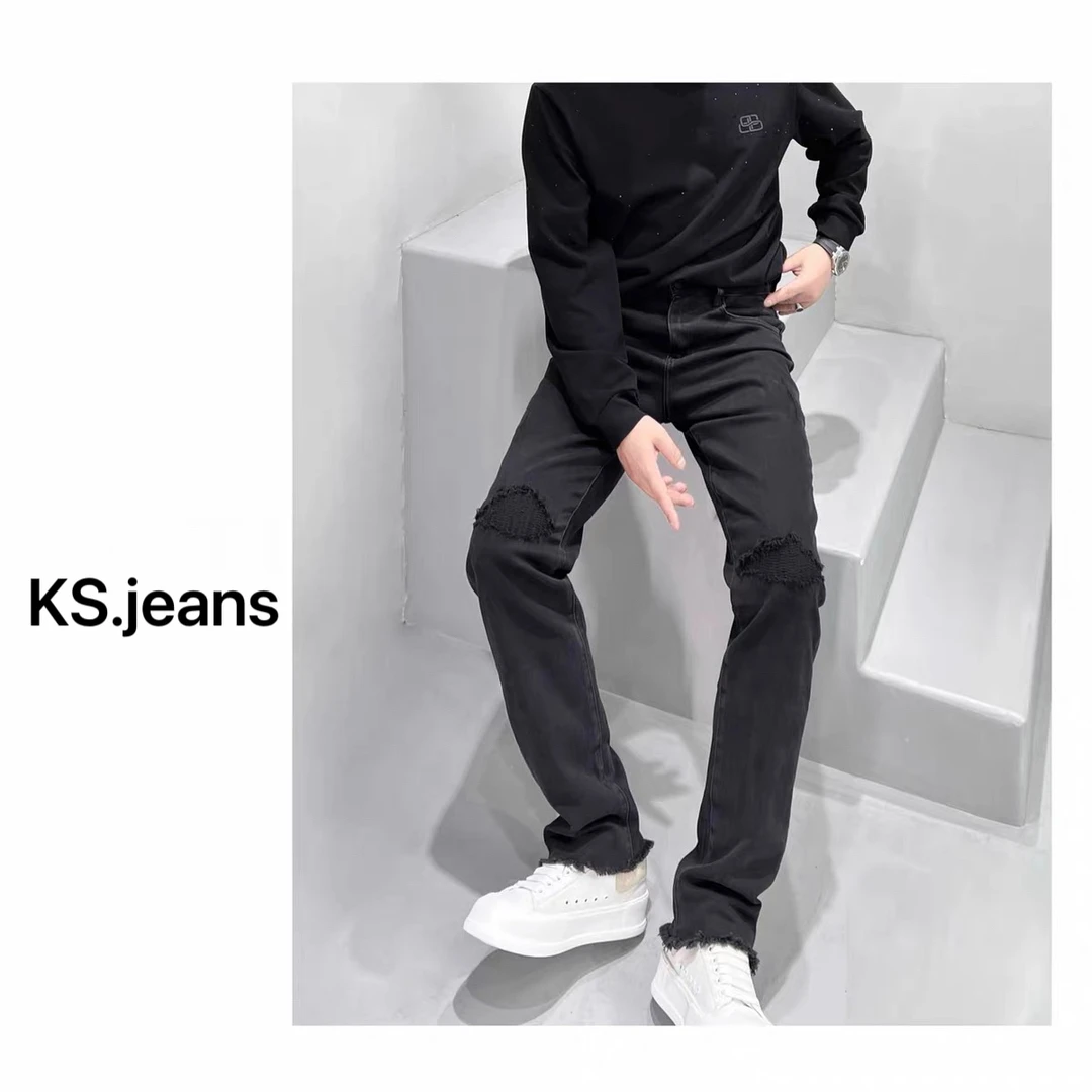 秋季2023新款韩版黑色毛边微宽松直筒牛仔裤男士休闲百搭长牛仔裤