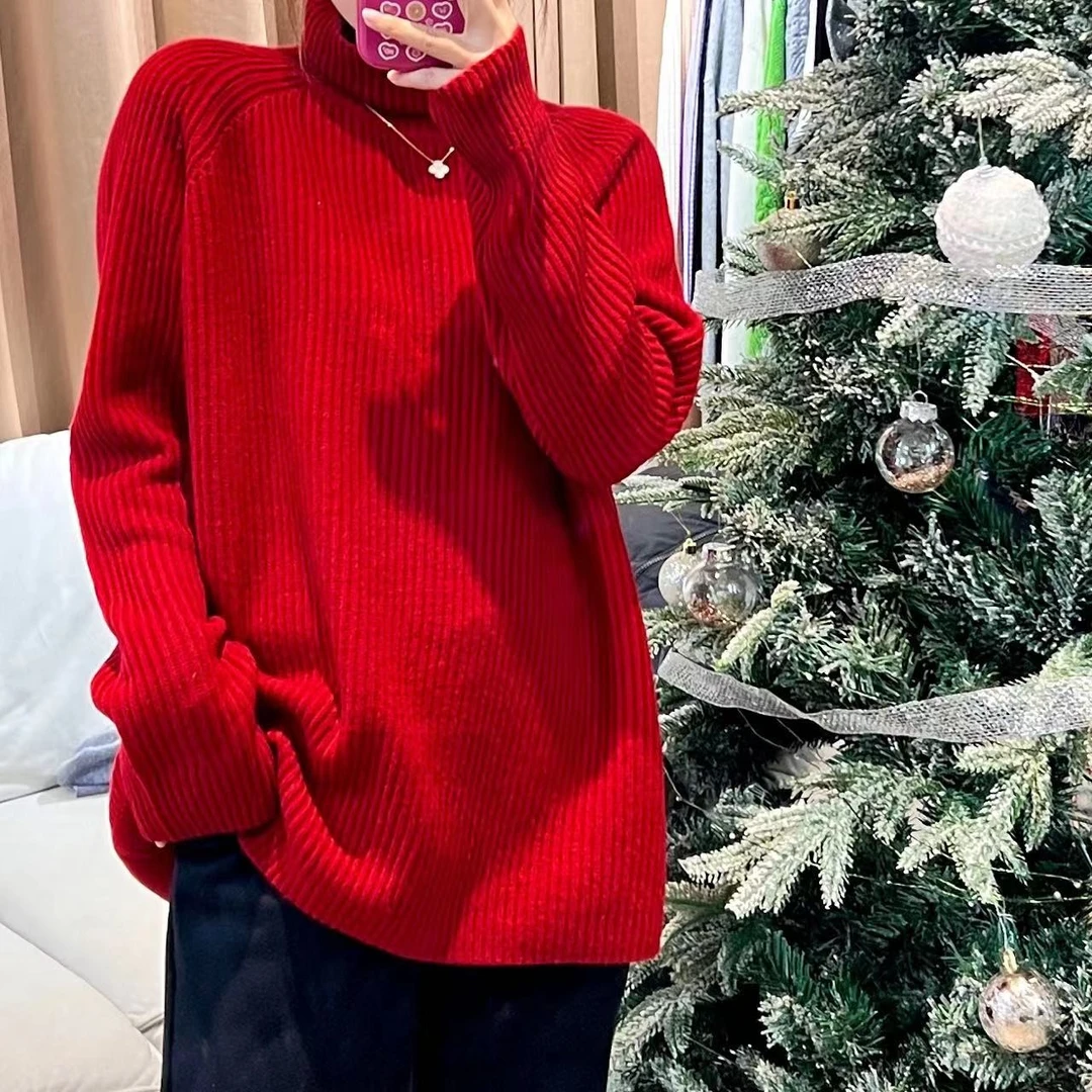 【100绵羊毛】2022新款红色百搭高领羊毛衫-MY3126