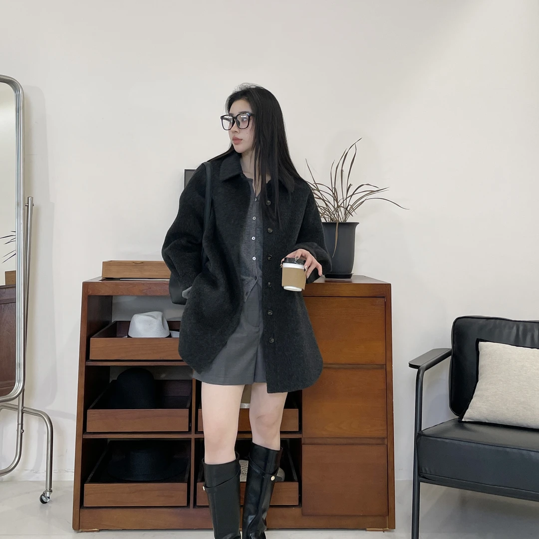 euri牦牛绒•桑蚕丝｜时尚简约气质翻领弧形下摆双面呢大衣-MY5466