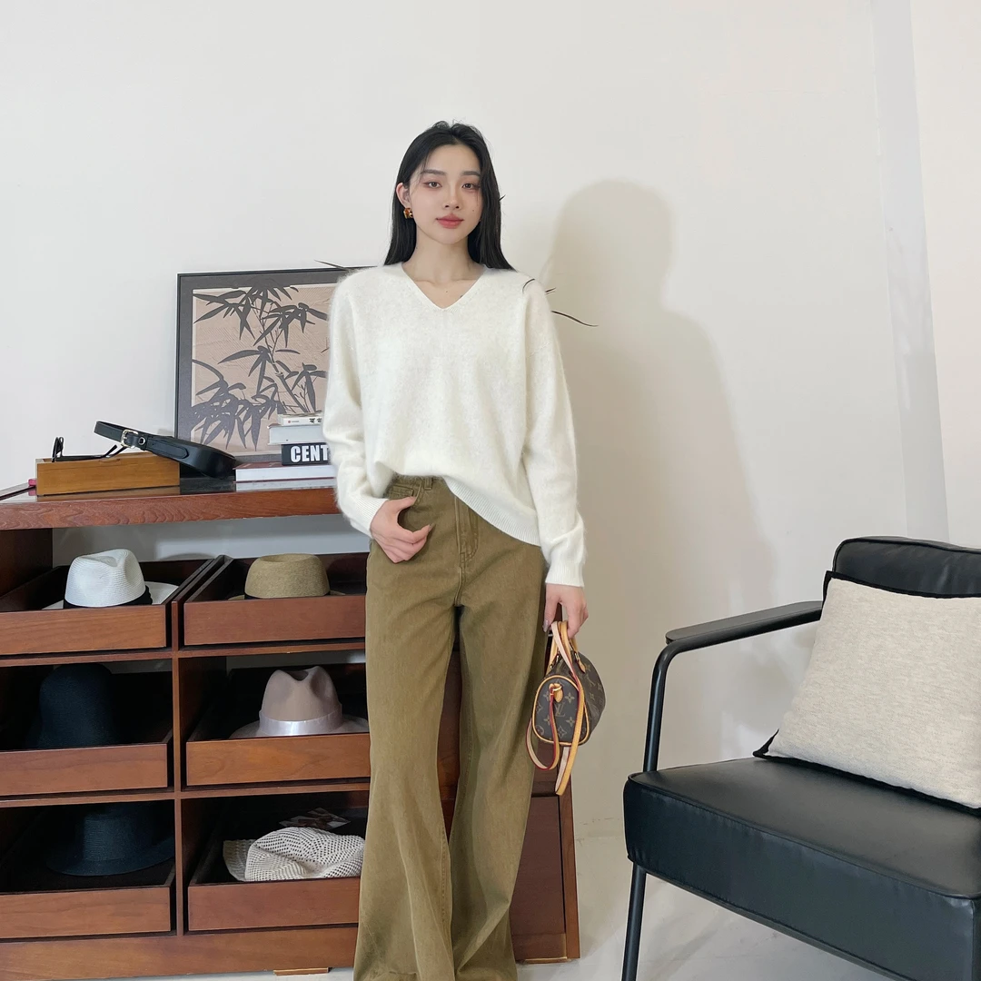 euri【山羊绒+绵羊毛】时尚气质休闲宽松羊毛拉毛V领上衣-MY5265