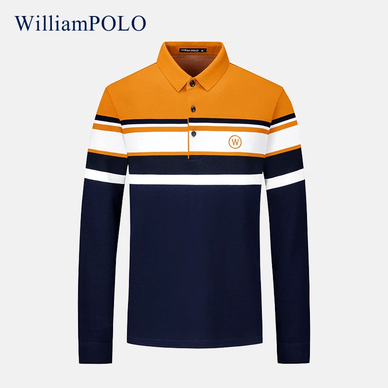 WilliamPOLO保罗男士Polo衫高级感纯棉条纹男式高档长袖t恤衫秋季