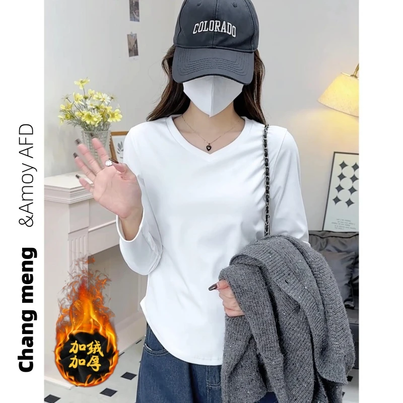 加绒打底衫女V领内搭秋冬新款纯色t恤宽松显瘦大码装加厚保暖上衣