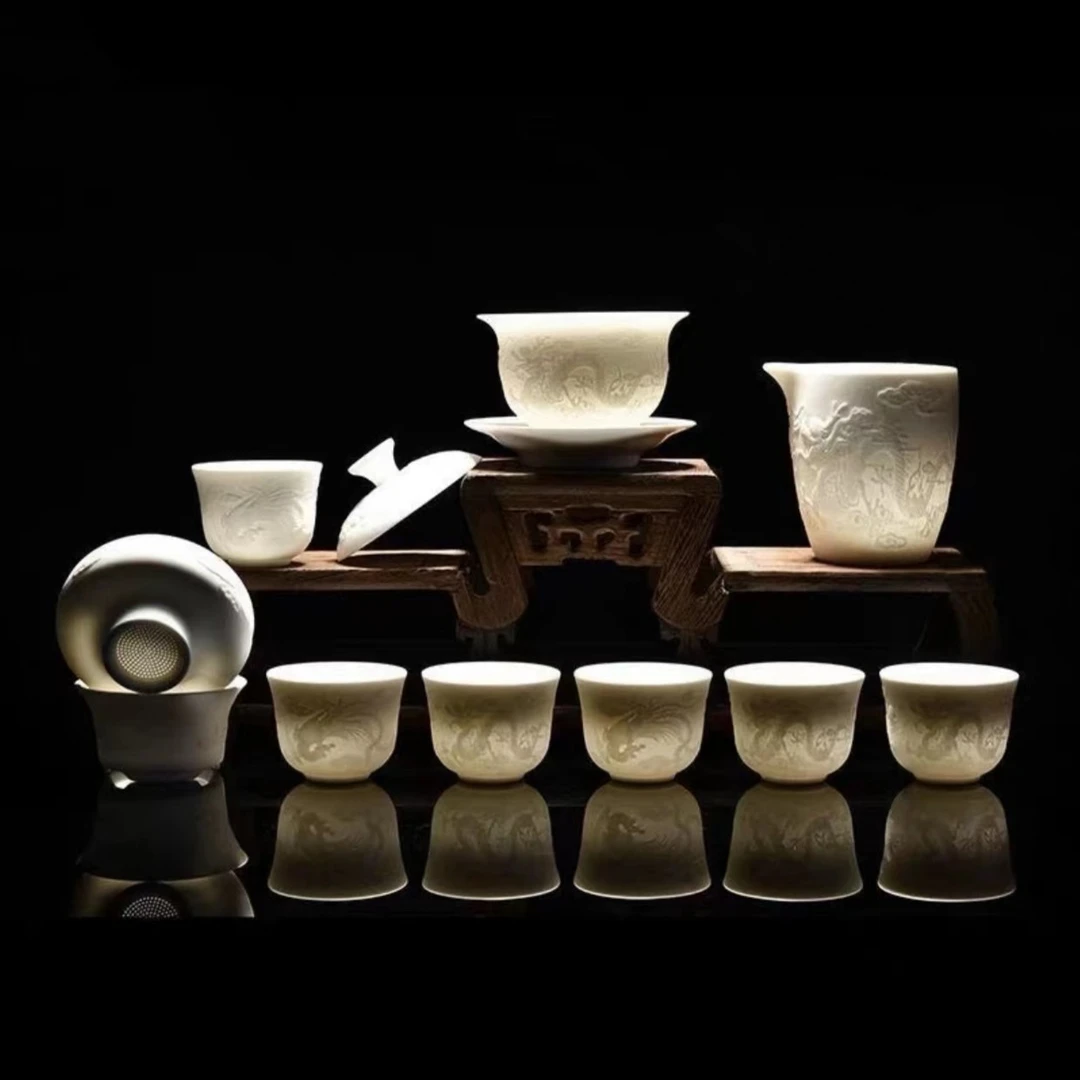 HX4997羊脂玉瓷龙凤素烧茶具套装全瓷过滤中式简约无礼盒泡沫