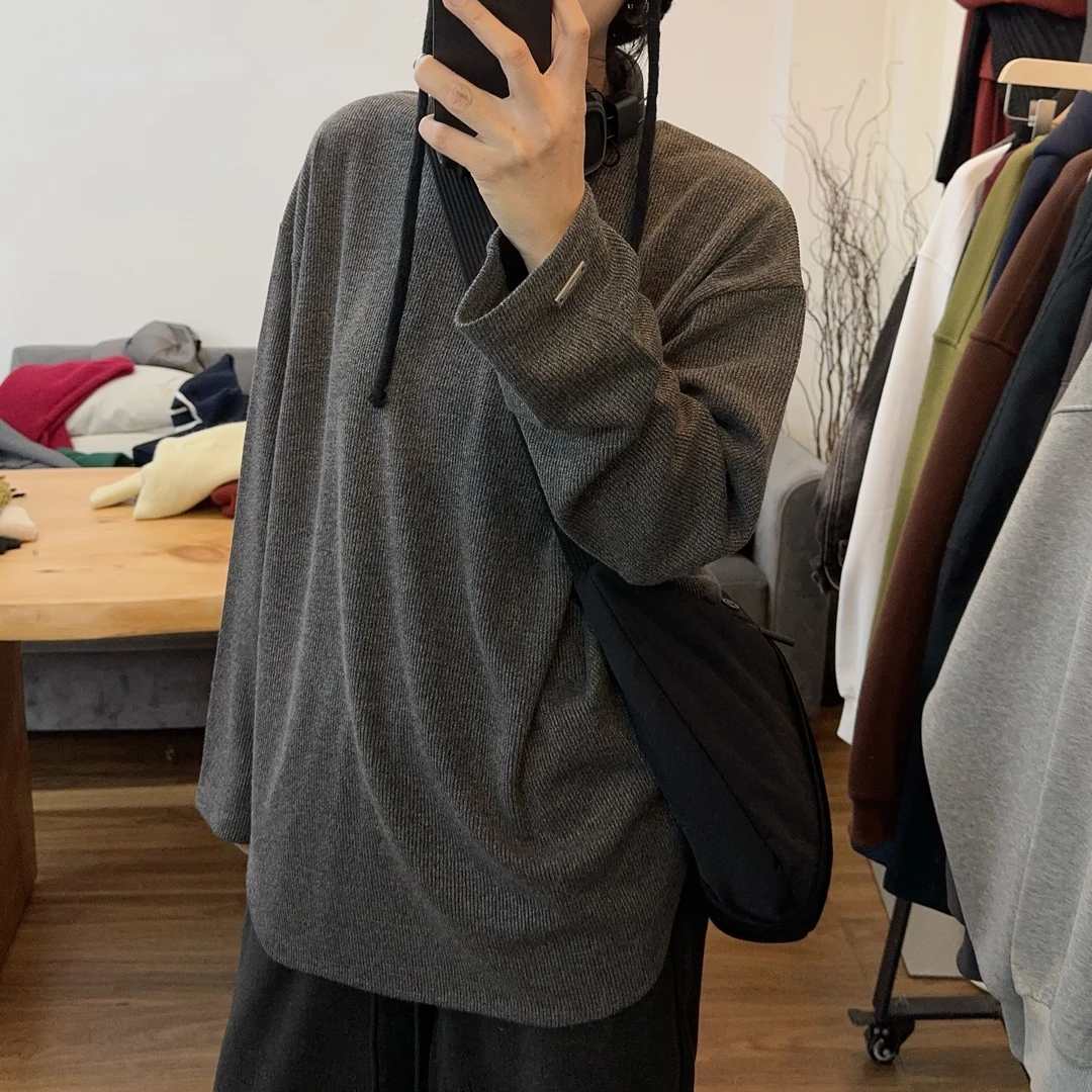 【About June】弧形袖标上衣休闲长袖时尚百搭连帽宽松纯色长袖衫