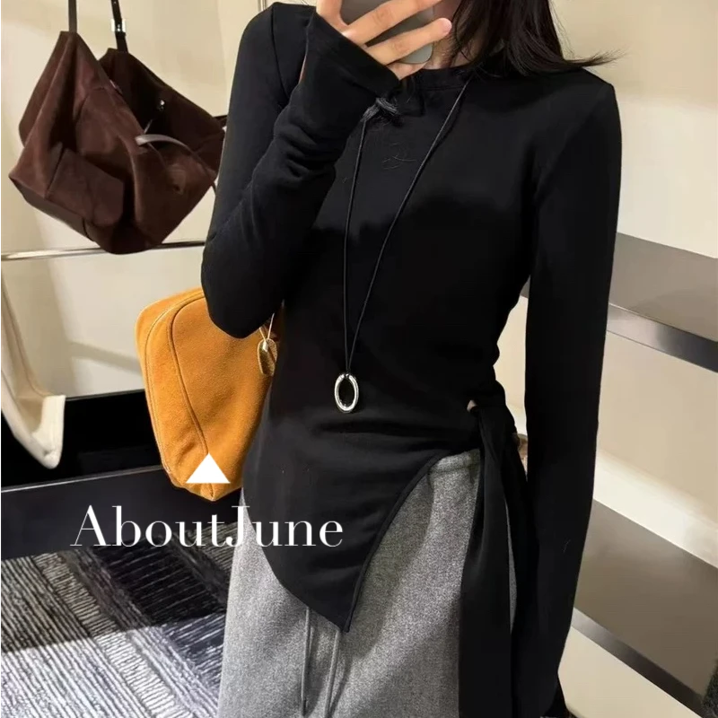 【About June】长袖显瘦时尚休闲百搭开叉不规则修身磨毛设计感上衣