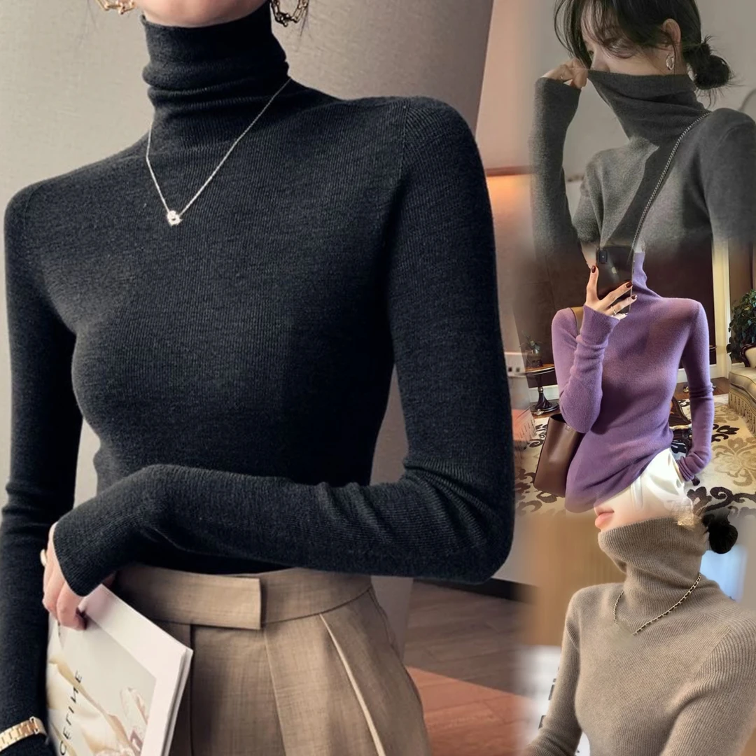 【12个颜色】秋冬新款针织衫堆堆领高领打底毛衣高级感加厚简约绒