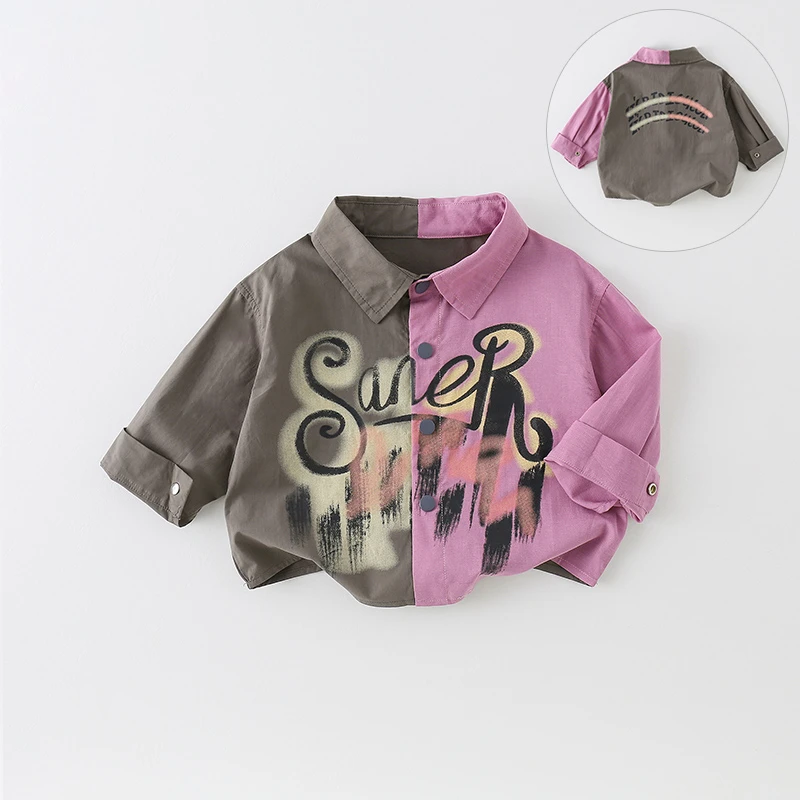 SCBEBE儿童衬衫春秋2025新款男童洋气鸳鸯涂鸦字母外套AW652
