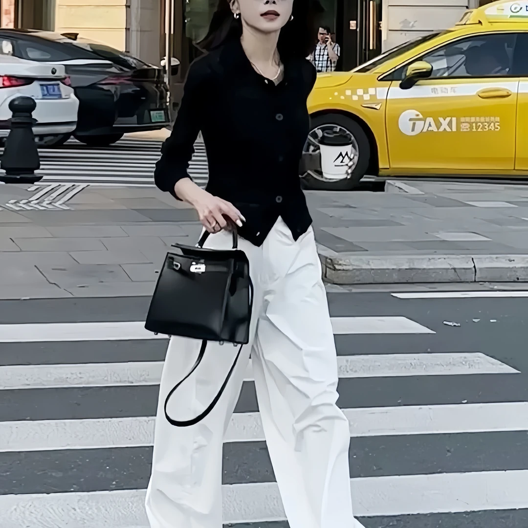 24639秋季新款套装气质黑色修身上衣白色遮肉阔腿裤韩系两件套