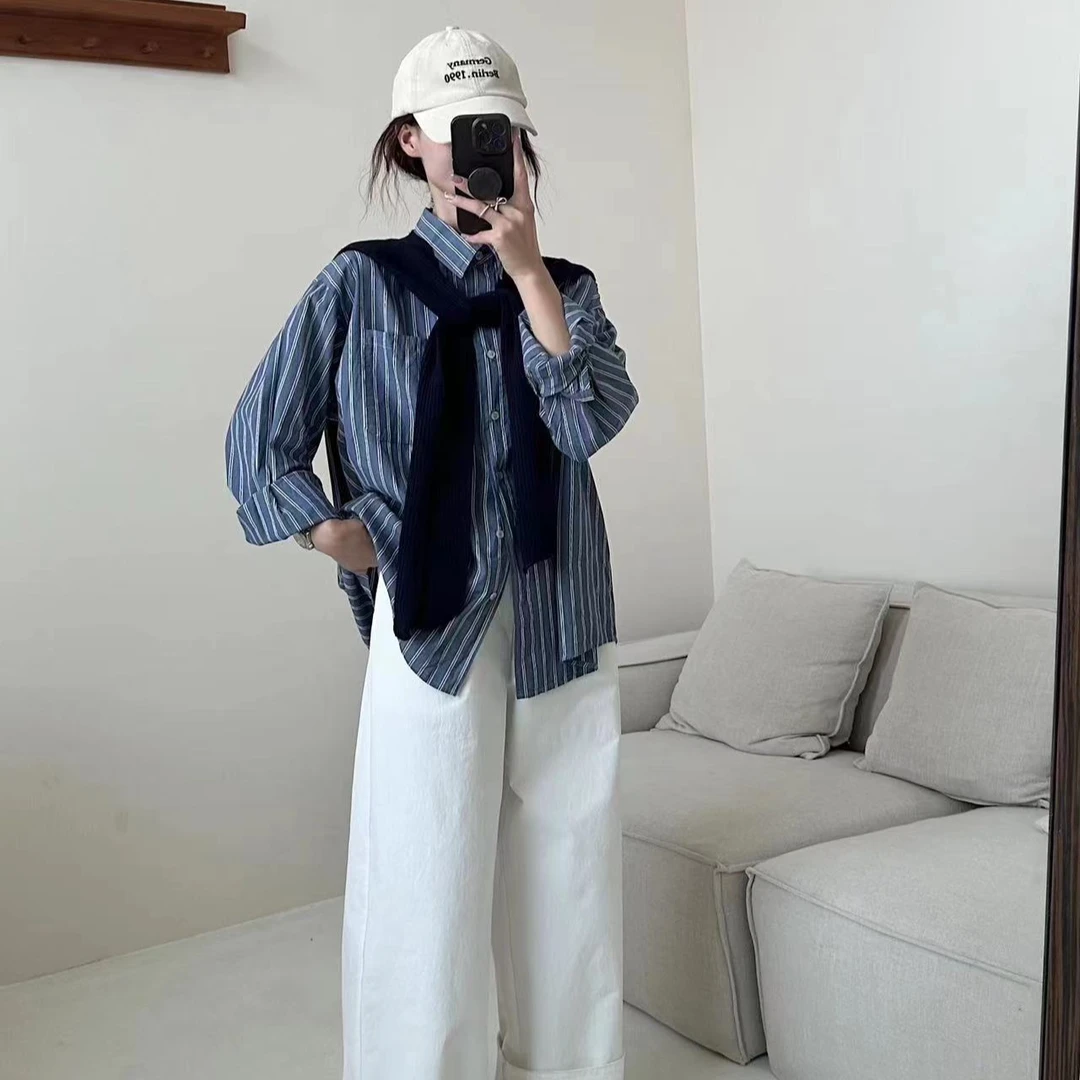 法式高级感披肩俩件套休闲衬衫2025秋季新款条纹设计感百搭衬衣