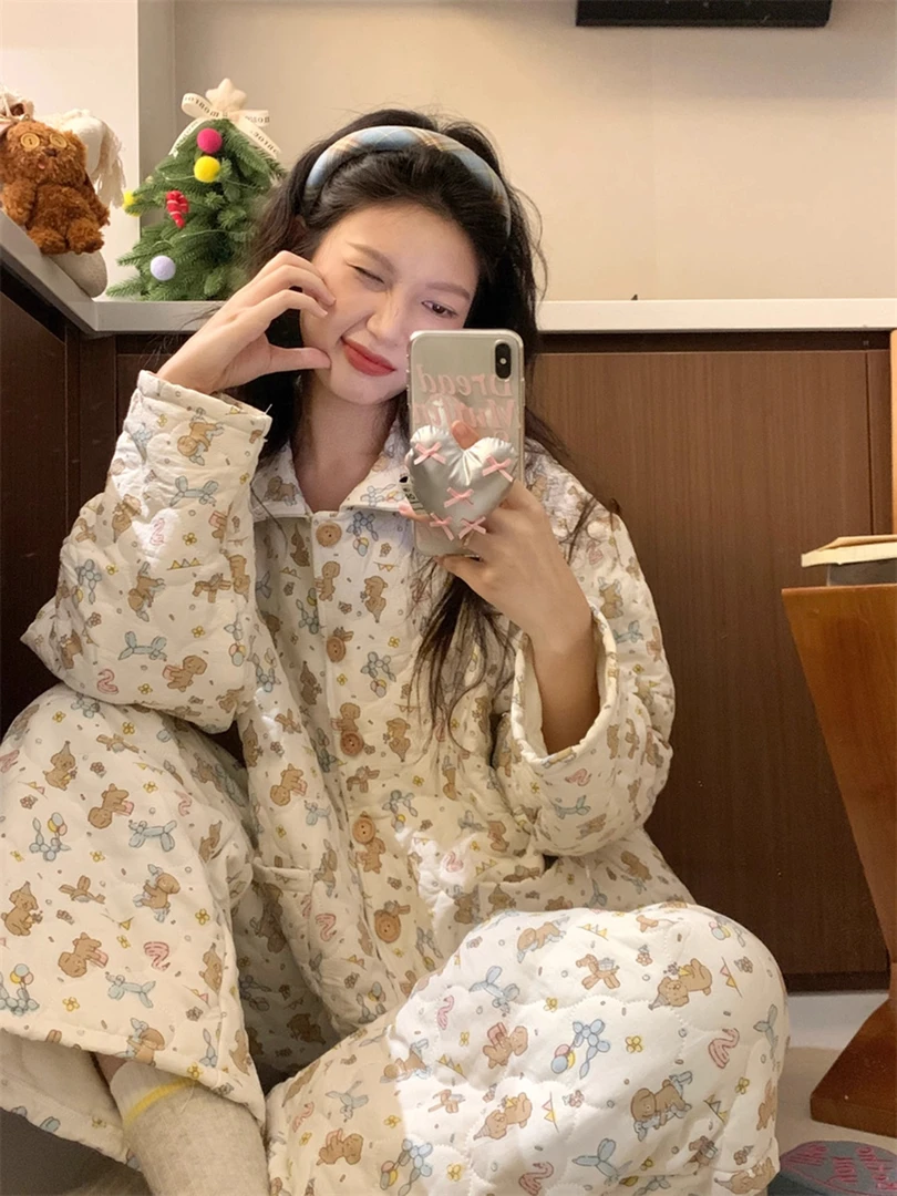 可爱少女蝴蝶结印花格子长袖睡衣女冬季新款家居加厚保暖夹棉套装