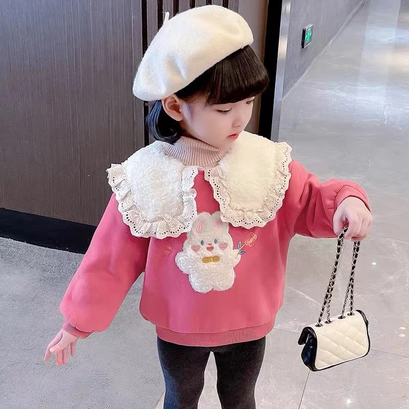 Q女童冬季长袖加绒加厚蕾丝领卡通糖果色兔子卫衣绒衫上衣W-B-C36