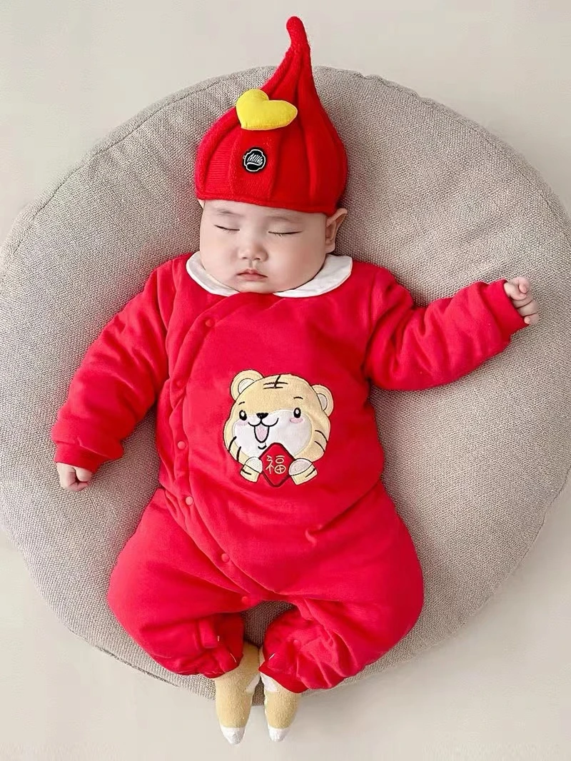 G【优选】新生婴儿衣服秋冬连体衣薄棉小老虎满月服冬季加棉保暖WX