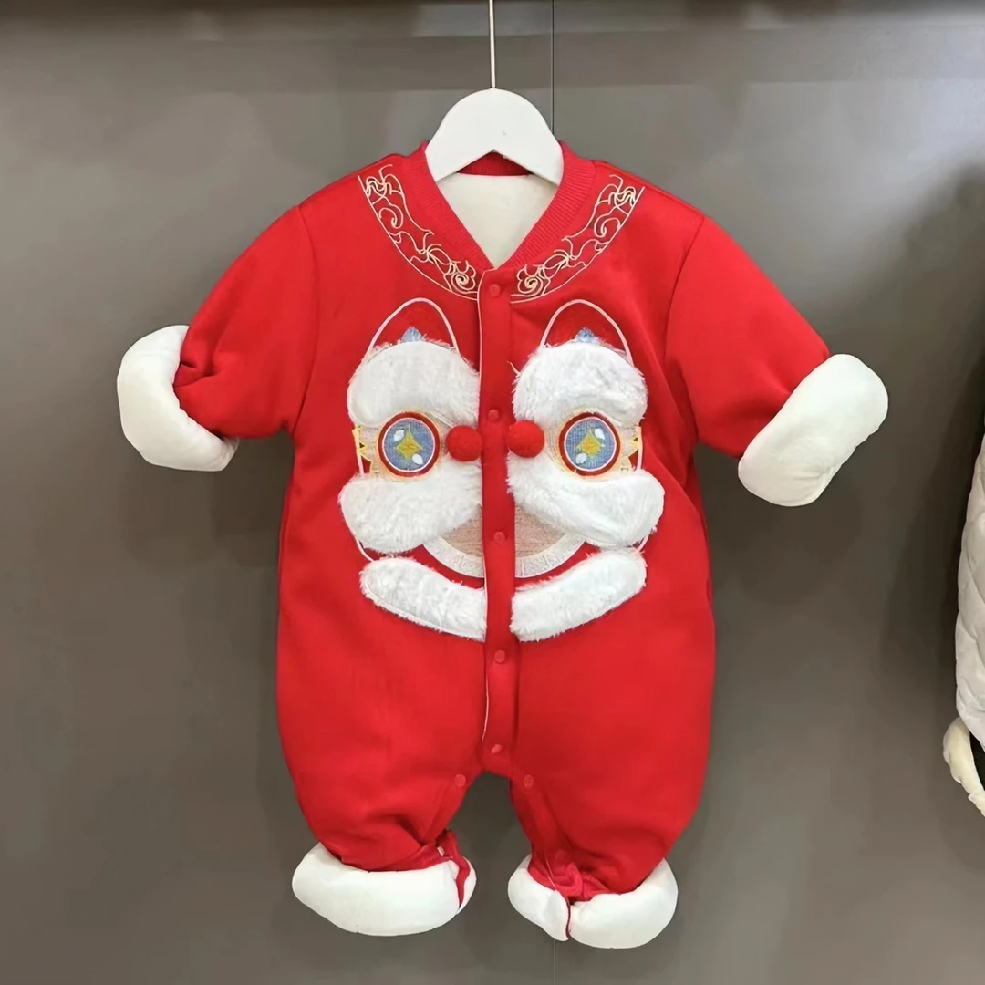 S【优选】婴儿连体衣加绒保暖宝宝新年大醒狮潮款爬服加厚棉服WX
