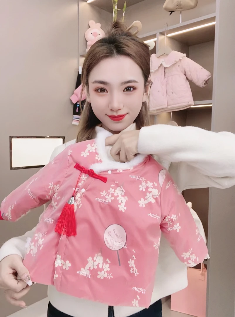 女童冬款红色国风盘扣偏襟扇子风外套朦胧美梅花外套棉服N-W-D85