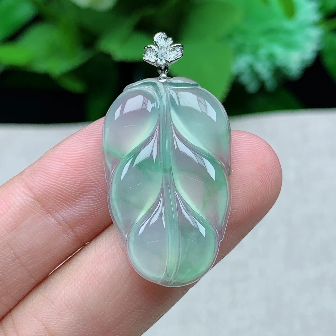 缅甸天然翡翠a货32-20-4.1玉石冰种起光飘花叶子吊坠礼物正冰