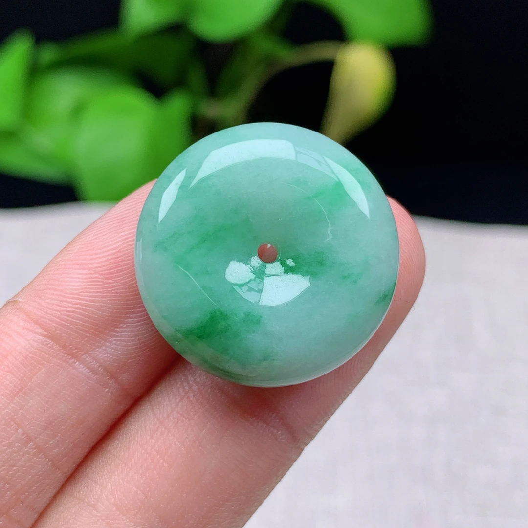 缅甸天然翡翠A货24.3-7.6玉石瓢绿花厚装平安扣吊坠礼物绿色