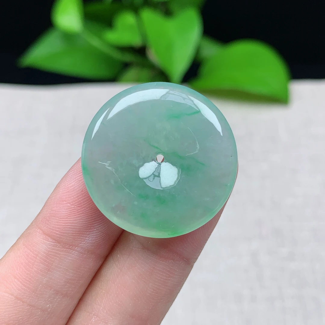 缅甸天然翡翠A货28.3-5.4玉石冰种飘绿平安扣吊坠礼物冰透精美