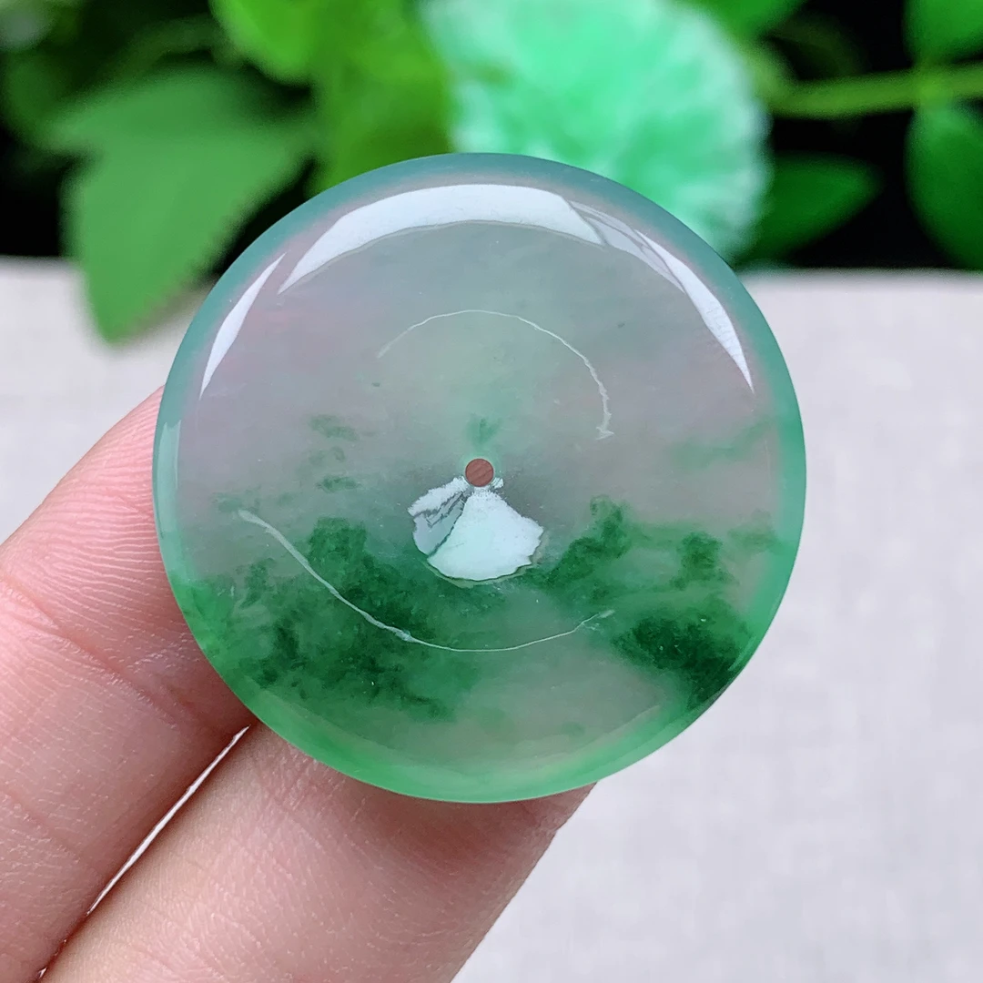 缅甸天然翡翠a货玉石冰种飘绿花平安扣吊坠礼物冰透仿古