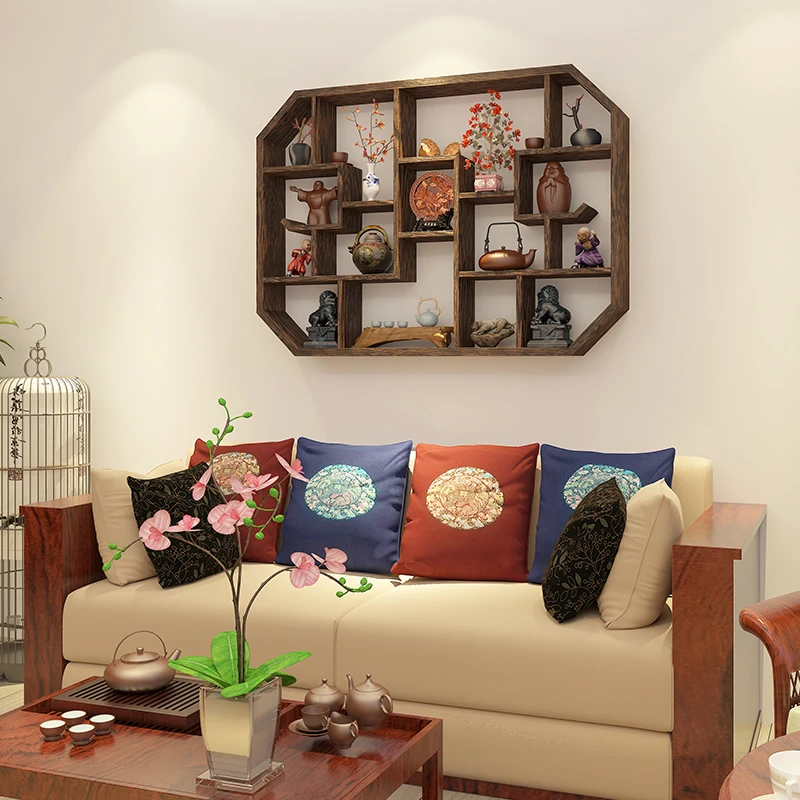 慕意博古架实木新中式壁挂式上墙茶壶展示架置物架简约现代多宝阁