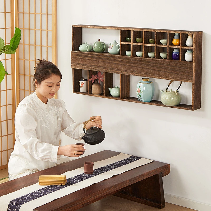 慕意中式博古架实木挂墙茶杯架墙上茶具展示架壁挂式置物架品质