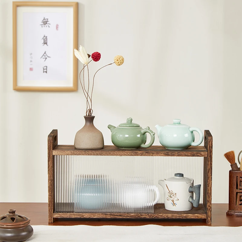 慕意实木双层茶壶桌面置物架茶杯防尘收纳盒带门茶具收纳盒办公室