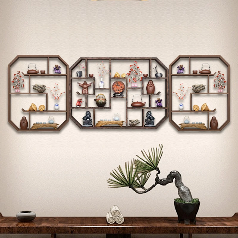 搁板茶壶架实木中式墙上置物架古董摆放收纳架整套壁挂式简约现代
