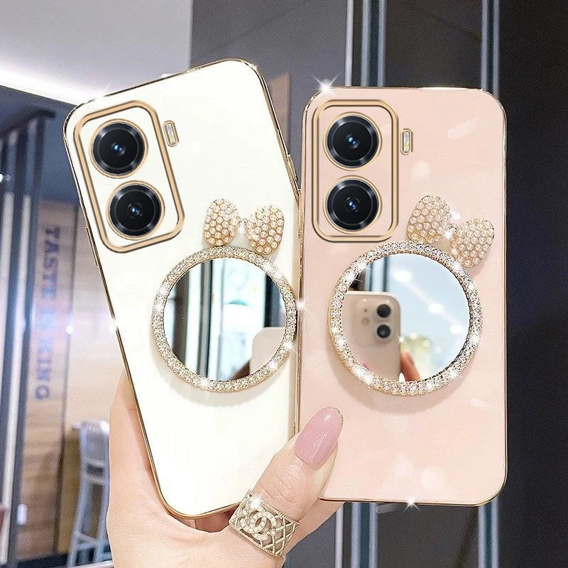 vivoY77手机壳5G补妆镜子V2219A镶钻蝴蝶结全包y77防摔高级软壳女