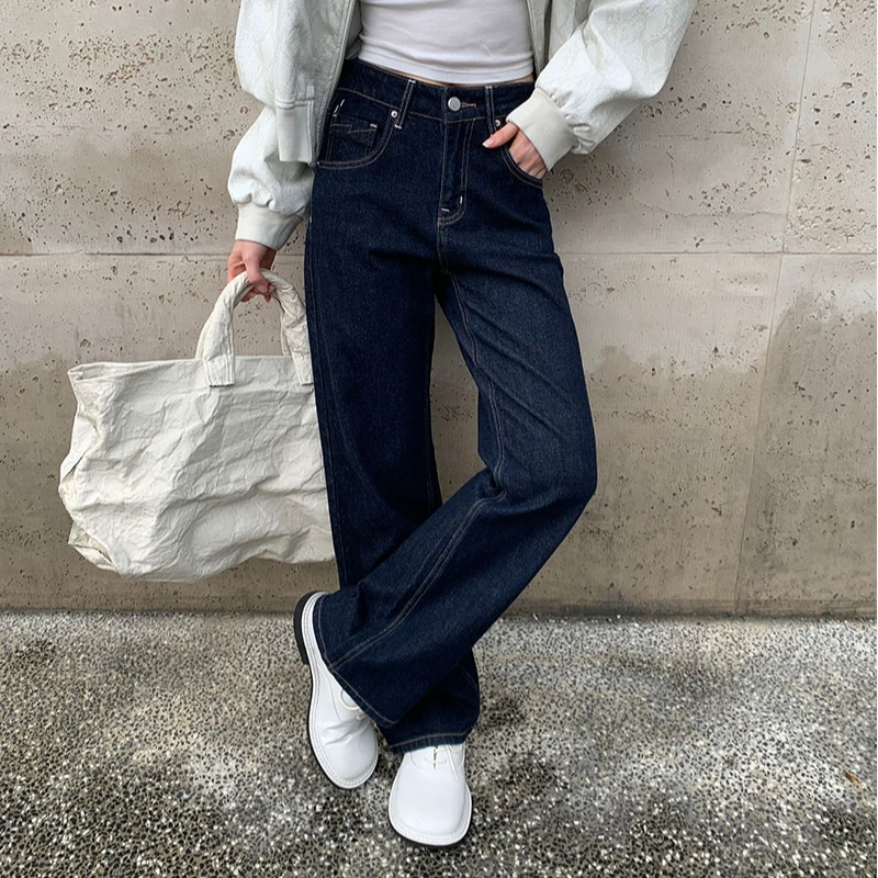 花匣子牛仔裤86244秋冬新款高腰复古宽松简约加绒窄版牛仔裤