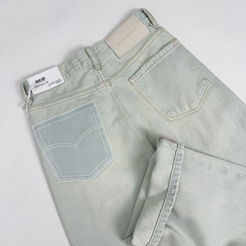 花匣子牛仔裤501383春款高腰水洗高级浅色拖地裤磨破撞色大阔腿裤