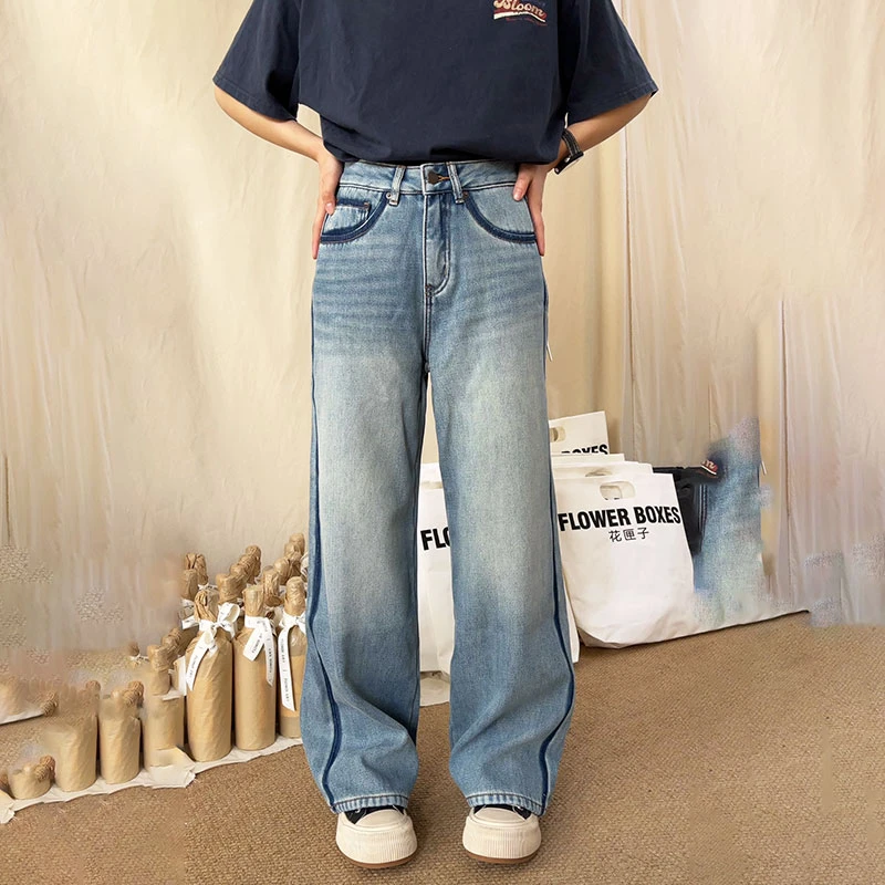 花匣子牛仔裤503395冬款复合绒高腰水洗浅蓝撞色加绒加厚阔腿裤女