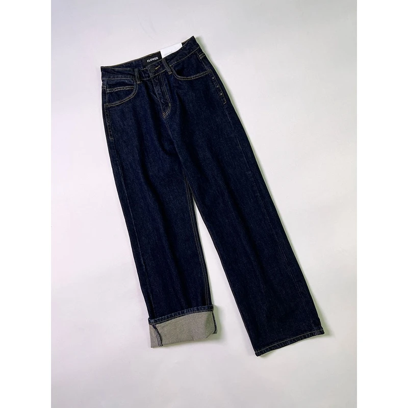 花匣子FLOWER秋冬长裤61105高腰加绒阔腿裤显瘦深色直筒牛仔裤女