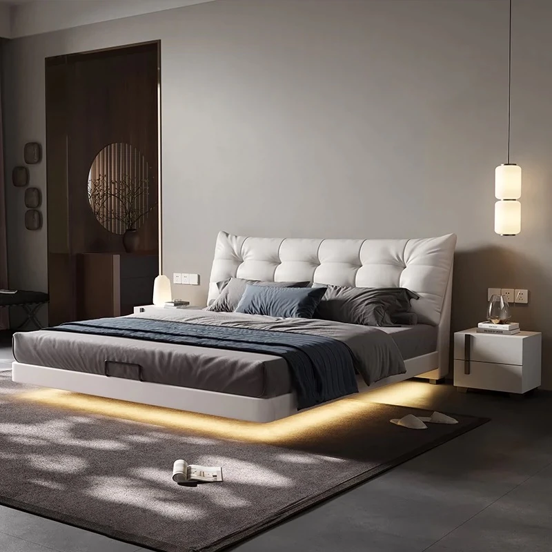 双十二奶油风悬浮床真皮实木云朵泡芙床大床双人2024新款悬浮床