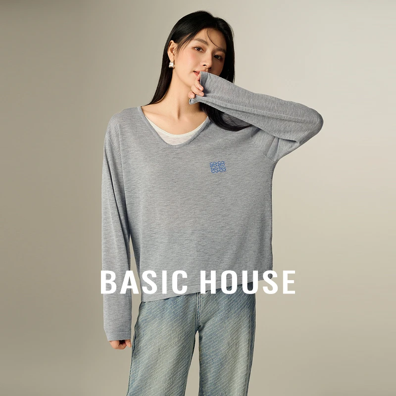Basic House/百家好秋季假两件撞色宽松针织衫-B0624E5D492