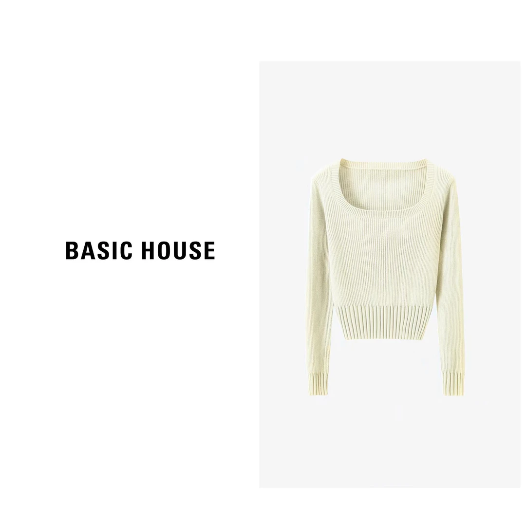 Basic House/X百家好轻职场U领条纹收腰显瘦套头毛衣B0633B5Q912