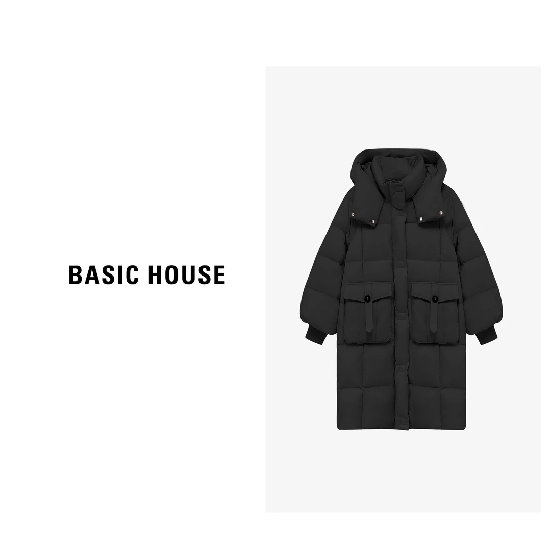 Basic House/百家好冬季新款立领连帽时尚长款羽绒服B06245B8972
