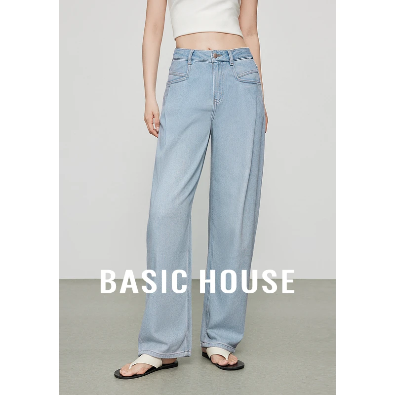 Basic House/百家好秋季宽松显瘦水洗牛仔长裤-B0623B52382