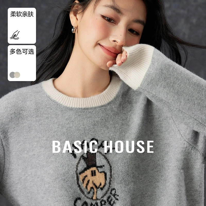 Basic House/百家好秋冬新款图案印花时尚百搭毛衣-B06245A3112