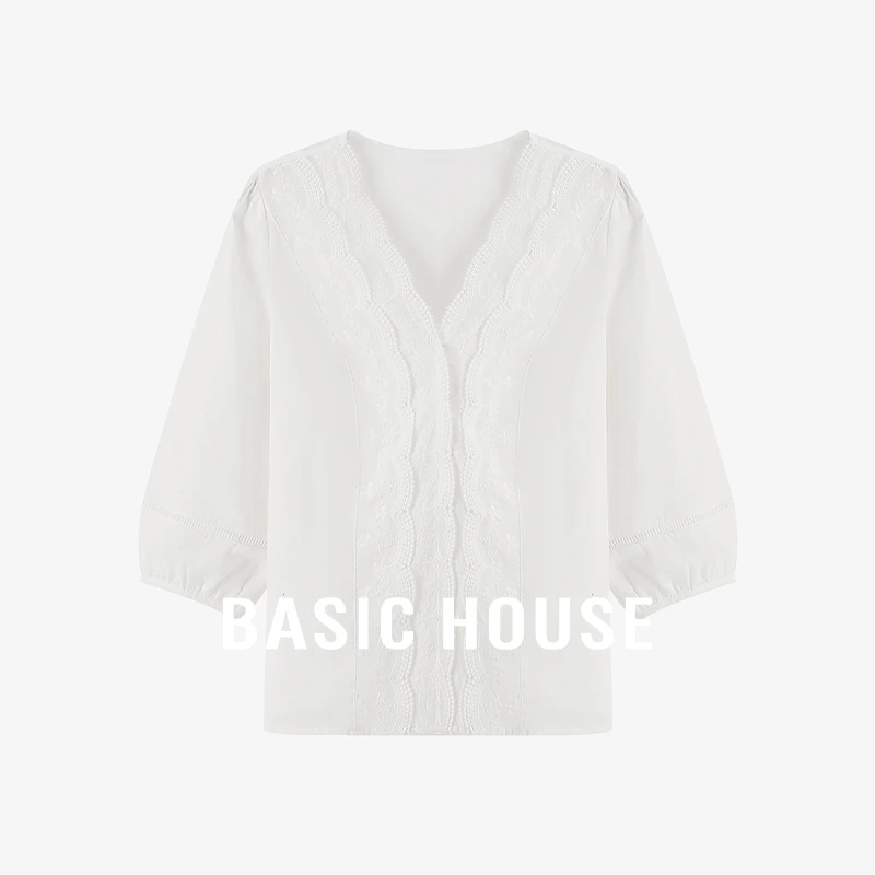 Basic House/百家好秋季重工钩花V领显瘦衬衫-B0624E5C562
