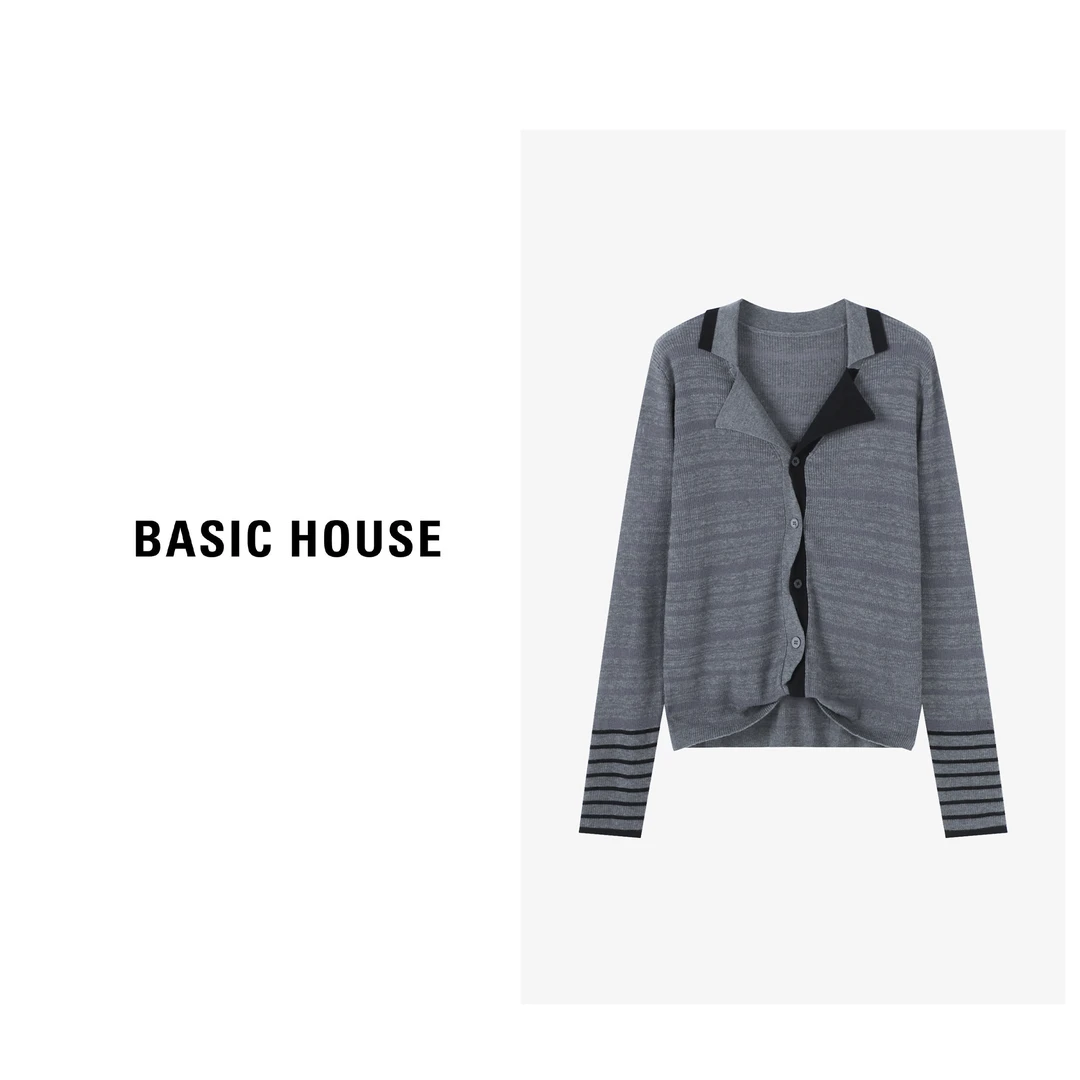 Basic House/百家好秋季条纹拼色通勤设计师针织衫-B0624S56752