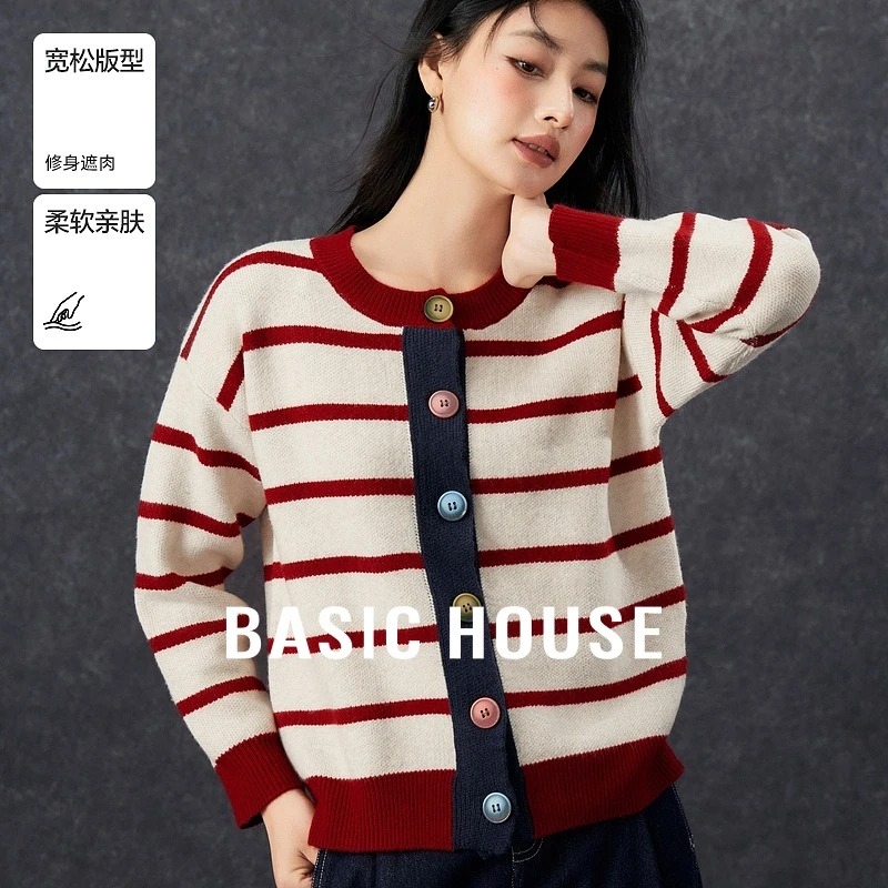 Basic House/百家好春季休闲条纹轻暖毛衣针织衫-B0624E5Z832
