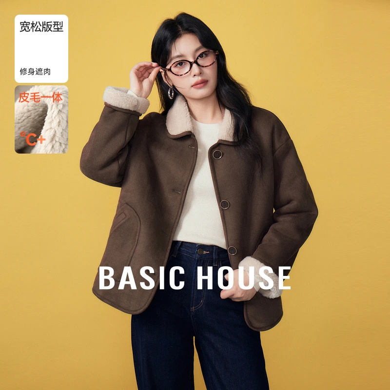 Basic House/百家好冬季复古毛绒翻领撞色皮毛厚外套-B06245S4812