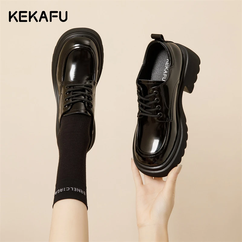 珂卡芙厚底乐福鞋时尚黑色高跟英伦风女鞋2024春季新款百搭圆头鞋