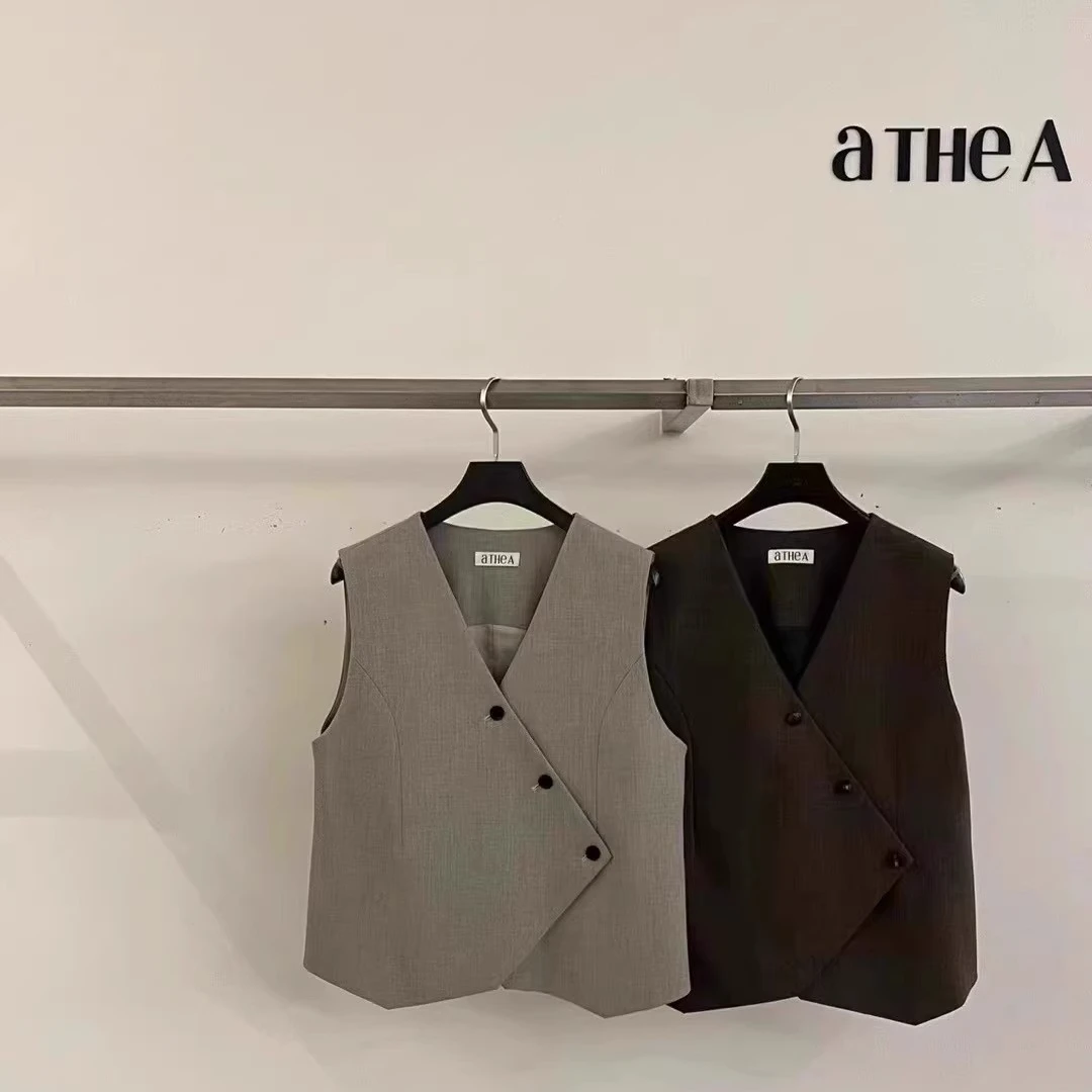 现货athea 韩国东大门代购2024秋季新款 斜系扣气质V领西装马甲