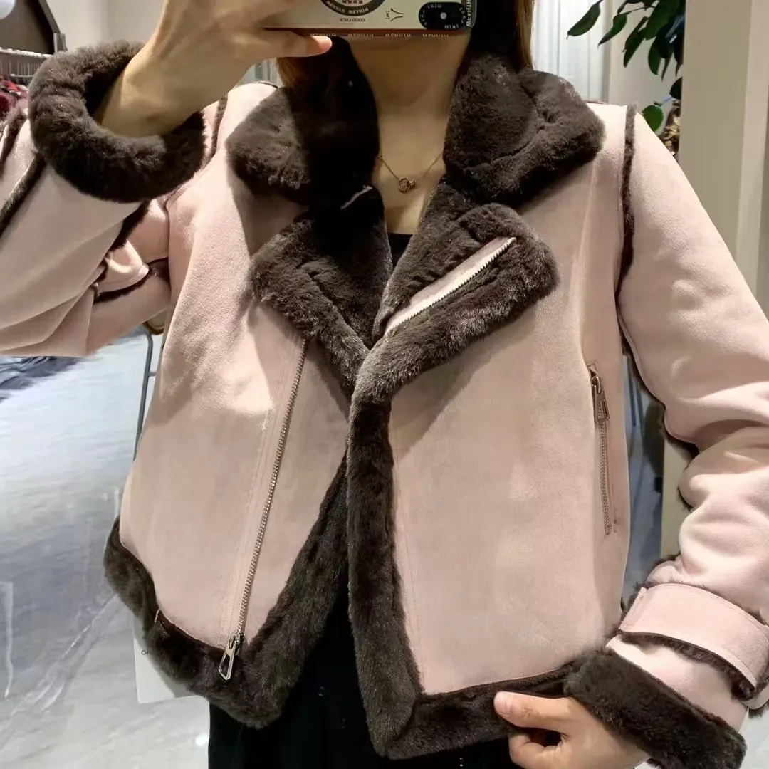 23220【衣长50】时尚粉色短款外套女装女款时尚女士冬季皮毛一体