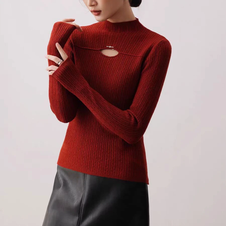 7531【衣长50】半高领镂空针织衫女秋冬新款洋气修身打底长袖上衣