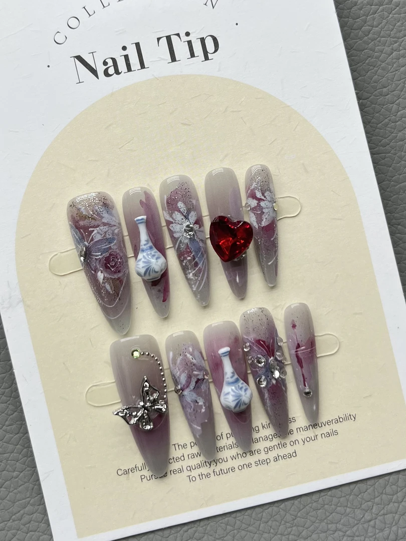 鎏金蝴蝶高级国风玉净瓶秘境紫长尖甲型链条蝴蝶气质穿戴甲