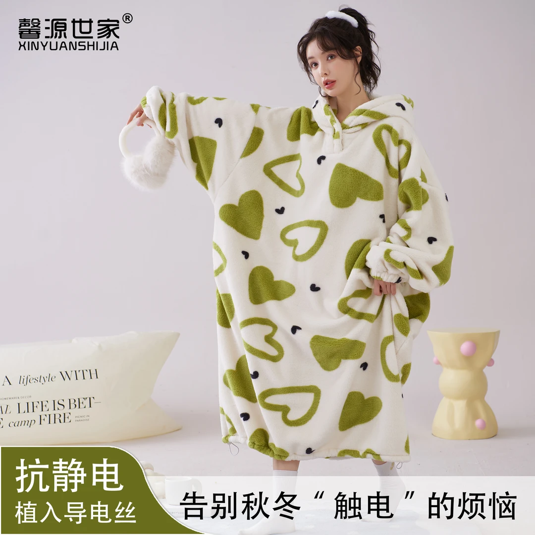 秋冬加绒加厚连帽睡衣裙大睡袍闺蜜款情侣款宽松睡袍女冬加厚加绒