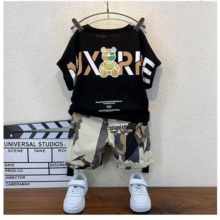 潮童装男童套装帅气夏装2023年新款儿童迷彩工装衣服夏季宝宝短袖