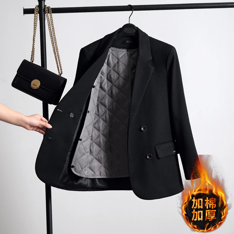 黑色毛呢西装外套女秋冬高级感2025新款大码夹棉呢子西服冬季加厚