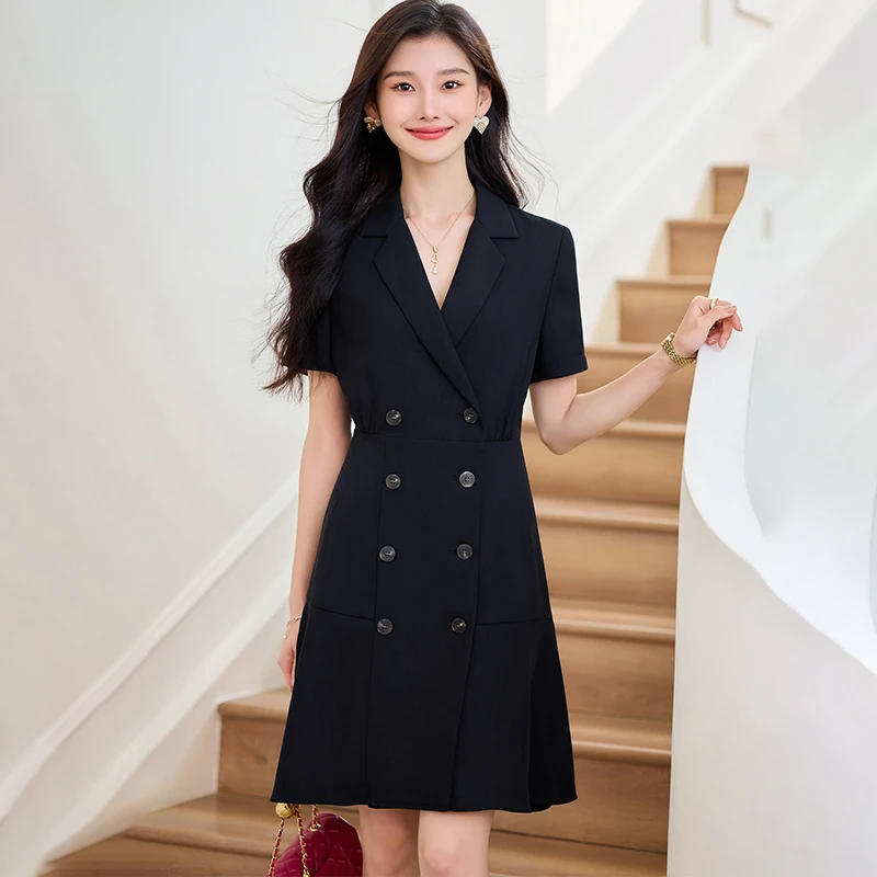 黑色短袖连衣裙女2025新款夏季高级感气质收腰显瘦职业西装小裙子